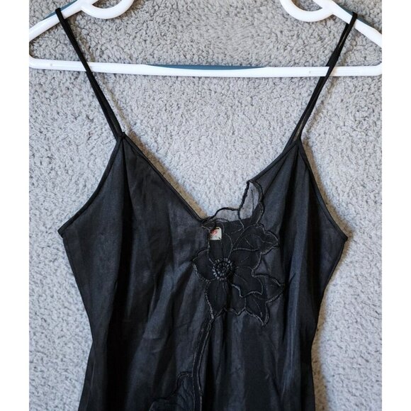 Vtg Joie De Vie Nylon Satin Nightgown Plunging Lace High Slit Sexy Black Petite - Picture 2 of 16